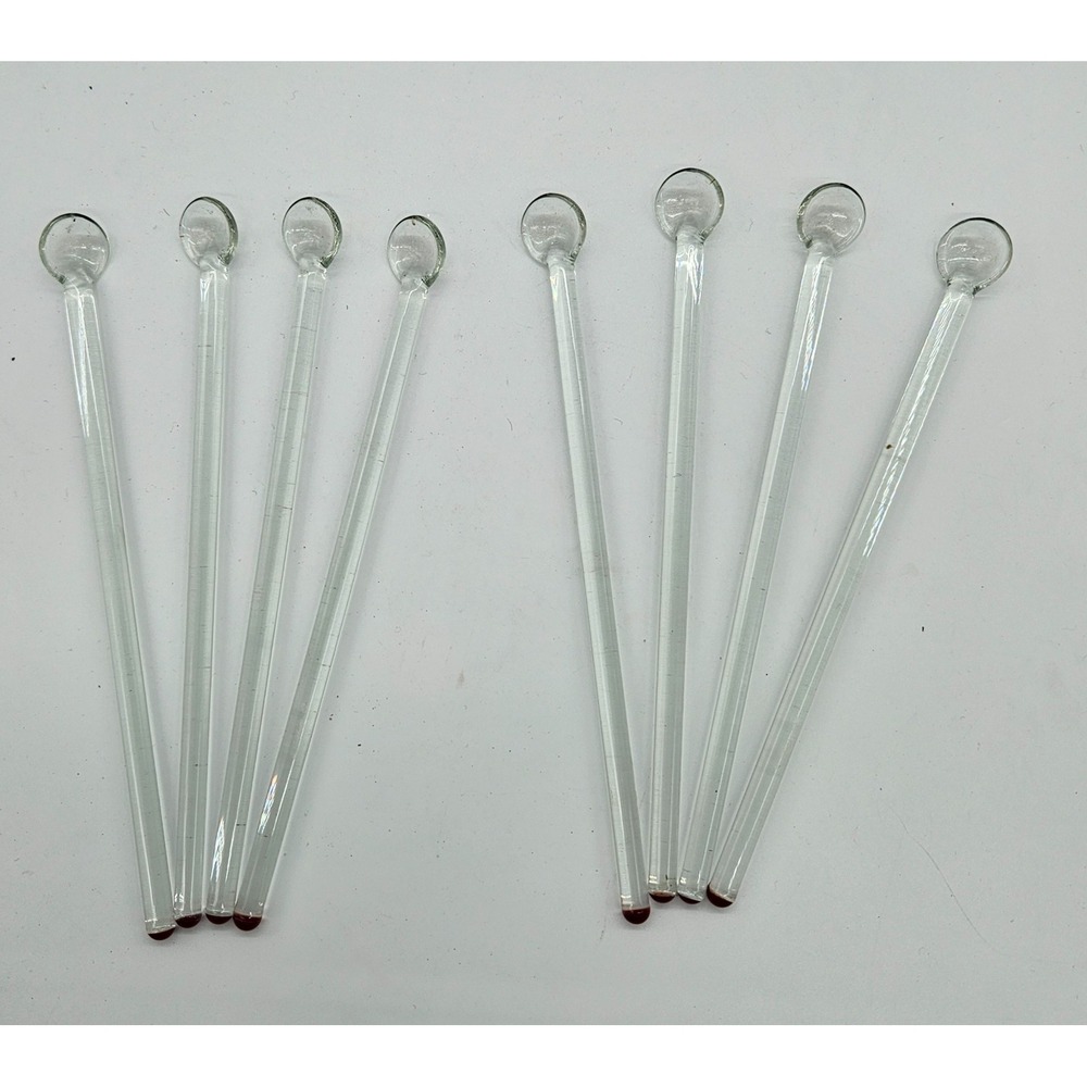 VINTAGE Set of 8 Clear Glass Stirrers with Round RED Ends Cocktail Drink Mixers